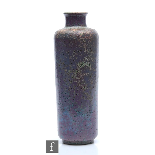 119 - Ruskin Pottery - A high fired vase of cylindrical form with a collar neck decorated in a tonal laven... 