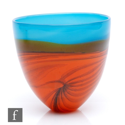 1299 - Peter Layton - Skyline - An ovoid bowl with a stylised landscape in tonal red and orange below green... 