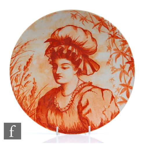 51 - Unknown - A late 19th Century sepia tone charger hand painted with a lady wearing a bonnet and surro... 