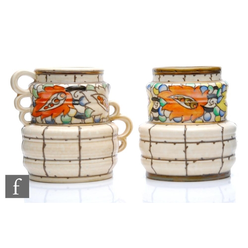 541 - Charlotte Rhead - Crown Ducal - Two 1930s Art Deco vases decorated in the Tarrgona pattern, one with... 