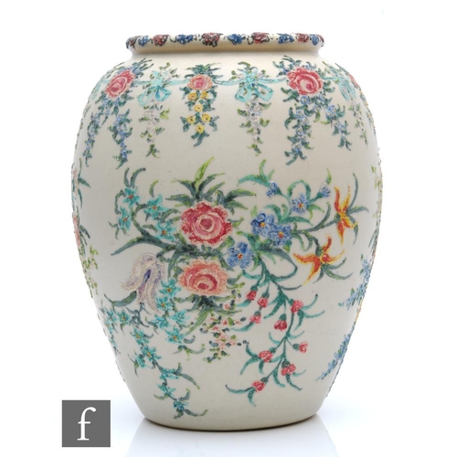 705 - Lovatt Langley - A post war vase of swollen form glazed in an off white, hand painted with sprays of... 