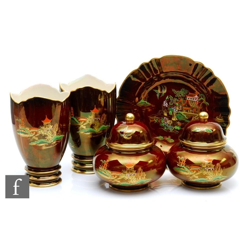 706 - Carlton Ware - Five pieces of Rouge Royale comprising a pair of vases, a pair of jars and covers and... 