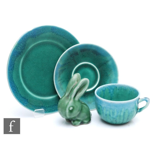 561 - Devonmoor - A 1930s green crystalline glazed tea cup saucer and plate all in a tonal turquoise green... 