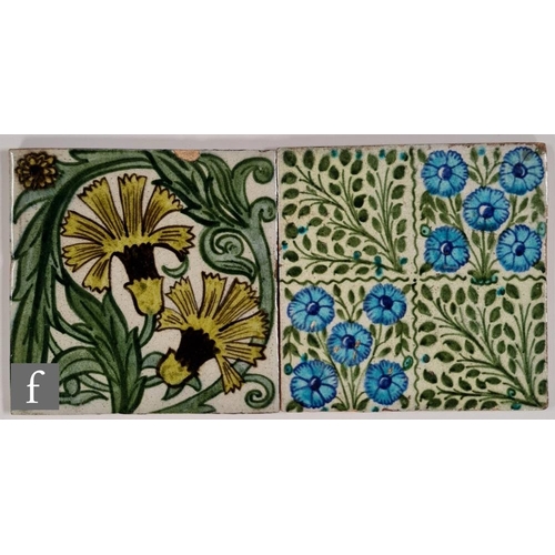 55 - William de Morgan - Merton Abbey - Two late 19th Century 6 inch tiles, one in the Carnation pattern,... 