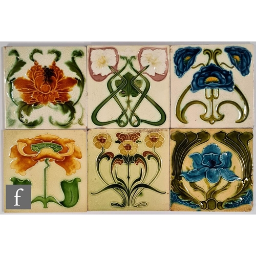 66 - Unknown - Six late 19th to early 20th Century 6 inch tiles, each decorated with an Art Nouveau mould... 