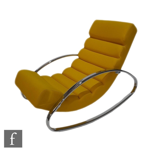 1393 - Dwell Furniture - A Bruco rocker chair with chromium plated frame, upholstered in yellow fabric, hei... 