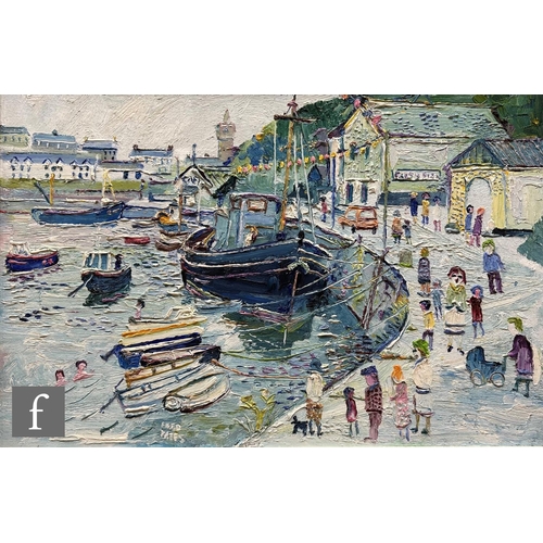 1182 - Fred Yates (1922-2008) - 'Happy Harbour' - Porthleven, oil on board, signed, titled on label verso, ... 