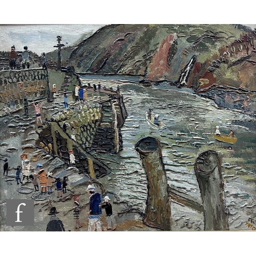 1201 - Fred Yates (1922-2008) - 'Clovelly Lower Harbour', oil on board, signed, titled verso, framed, 48cm ... 