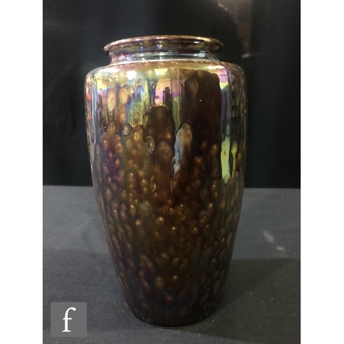 80 - Ruskin Pottery - A small bronze lustre vase of swollen shouldered form, impressed mark and dated 192... 