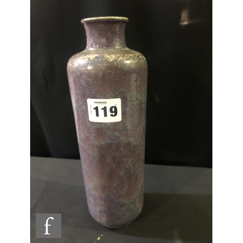 119 - Ruskin Pottery - A high fired vase of cylindrical form with a collar neck decorated in a tonal laven... 