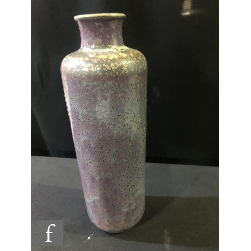 119 - Ruskin Pottery - A high fired vase of cylindrical form with a collar neck decorated in a tonal laven... 