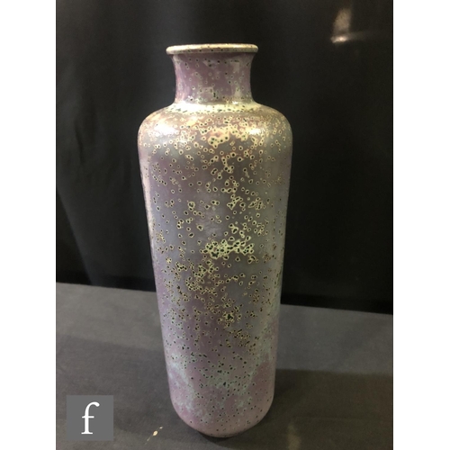 119 - Ruskin Pottery - A high fired vase of cylindrical form with a collar neck decorated in a tonal laven... 