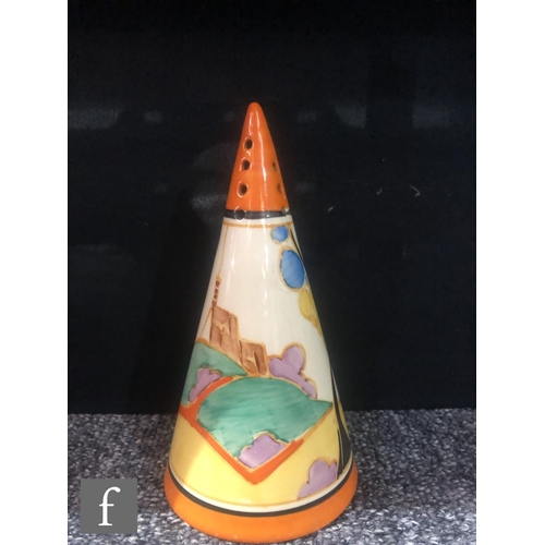 347 - Clarice Cliff - Seven Colour Secrets - A conical shape sugar sifter circa 1933, hand painted with a ... 