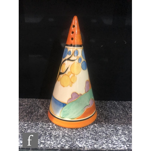 347 - Clarice Cliff - Seven Colour Secrets - A conical shape sugar sifter circa 1933, hand painted with a ... 