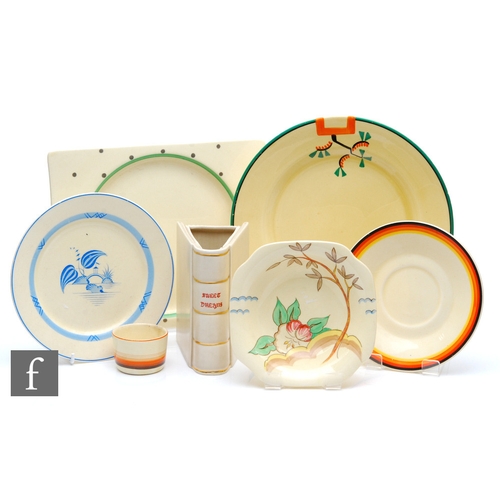 107 - A collection of 1930s Clarice Cliff to include a Ravel dinner plate, Islands pattern side plate, flo... 