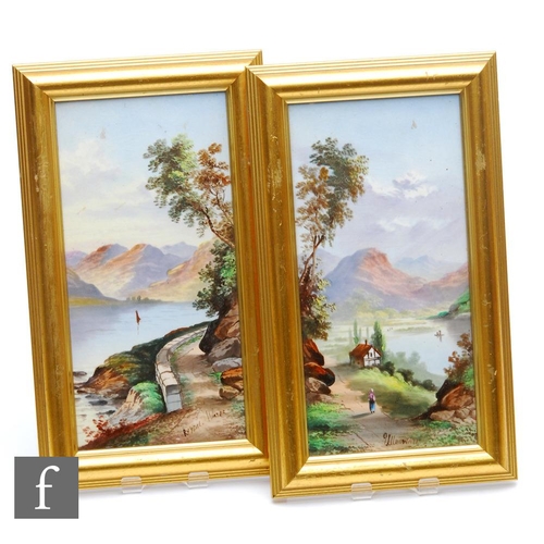 101 - Two framed tile panels, each hand painted with a view of the Lake District, titled Ulleswater and Rh... 