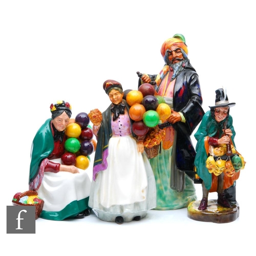 111 - Four Royal Doulton figures comprising Mask Seller HN2103, Biddy Penny Farthing HN1843, The Old Ballo... 