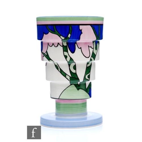 123 - A boxed Wedgwood Clarice Cliff hand painted shape 366 vase decorated in the Rudyard pattern, number ... 