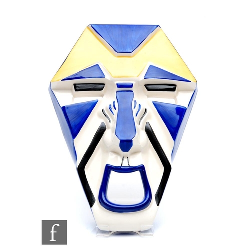 131 - A boxed Wedgwood Clarice Cliff hand painted Grotesque Face Mask in blue and yellow, number 5 in a li... 