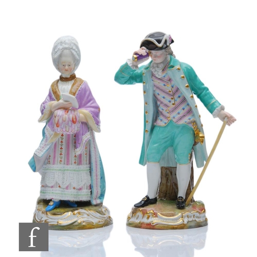 137 - A pair of 19th Century Meissen figures modelled as the Racegoer and his companion, he dressed in a t... 