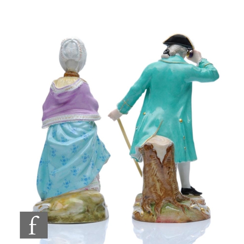 137 - A pair of 19th Century Meissen figures modelled as the Racegoer and his companion, he dressed in a t... 