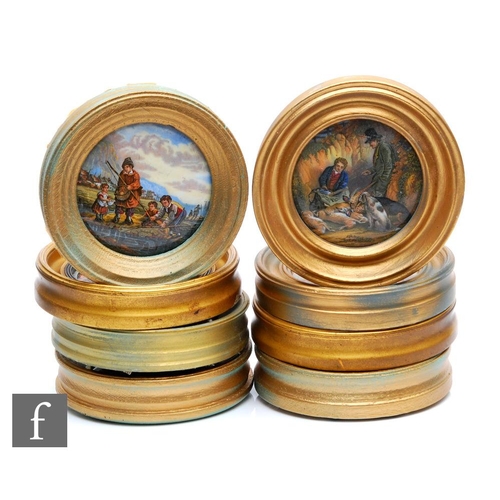 15 - Eight 19th Century Staffordshire pot lids comprising two The Village Wedding, The Wolf and The Lamb,... 