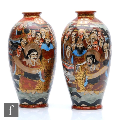 161 - A pair of Meiji/Taisho period Japanese vases, each of rounded form terminating at an everted rim, th... 