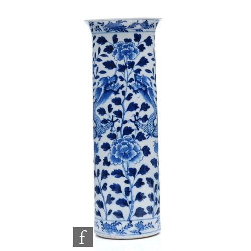 162 - A 19th Century Chinese blue and white sleeve vase of cylindrical form rising to a flared rim, the bo... 