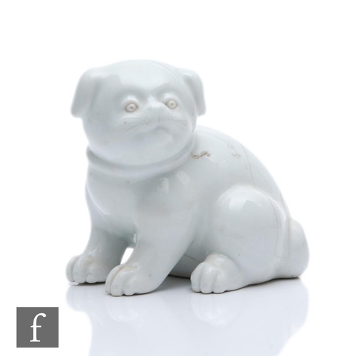 167 - A Japanese Meiji period (1868-1912) Hirado white glazed model of a seated puppy, height 10cm, damage... 