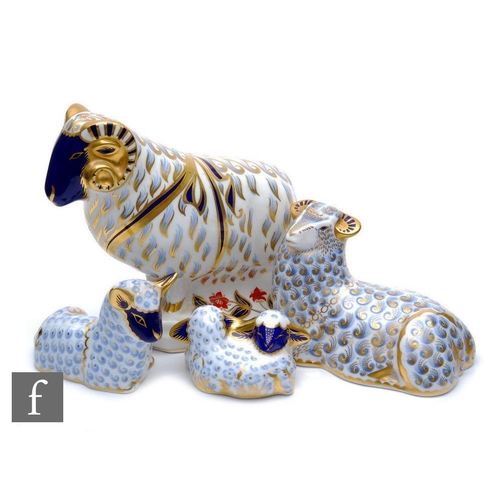 17 - Four Royal Crown Derby paperweights comprising a stand ram, a seated ram, a seated lamb and two curl... 