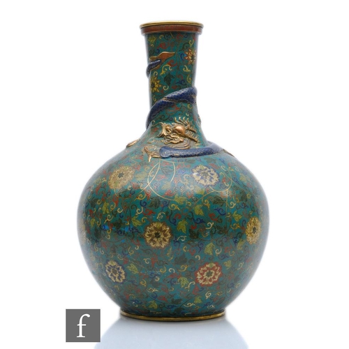 170 - A Chinese 18th or 19th Century cloisonne tianqiuping vase, the rounded body extending to a slender n... 