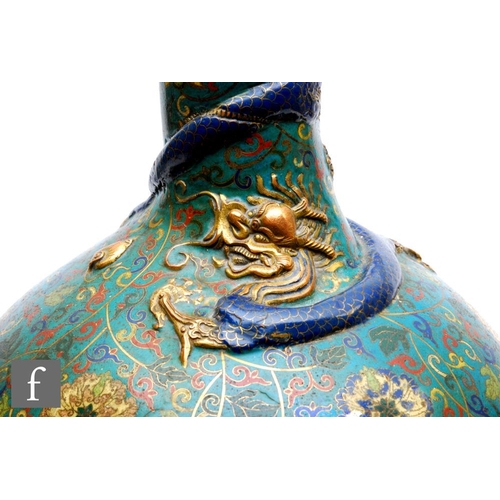 170 - A Chinese 18th or 19th Century cloisonne tianqiuping vase, the rounded body extending to a slender n... 