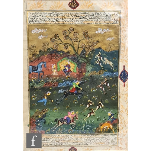 180 - A pair of Mughal/Rajasthan paintings, each depicting warriors on horseback amidst Arcadian landscape... 