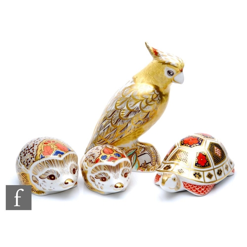 19 - Four Royal Crown Derby paperweights comprising a Citron Cockatoo, two hedgehogs named Bramble and Ha... 