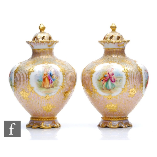 25 - A pair of late 19th to early 20th Century Dresden porcelain vase and covers each decorated with hand... 