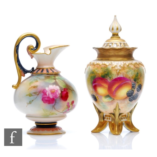 29 - Two pieces of Royal Worcester comprising a Fallen Fruits shape H277 vase and cover panel decorated b... 