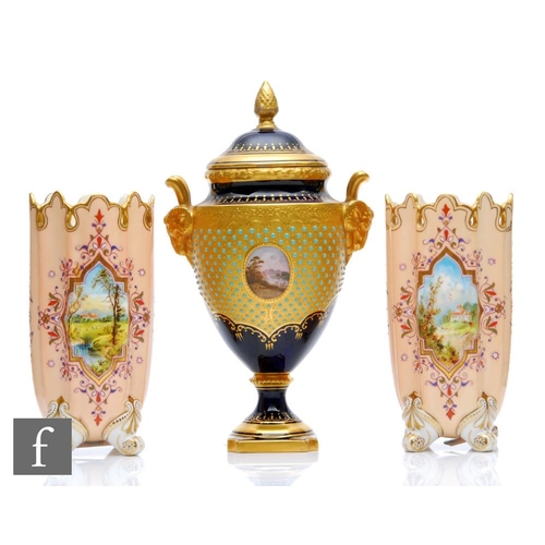 30 - An early 20th Century Coalport pedestal vase and cover decorated with a small cartouche panel depict... 