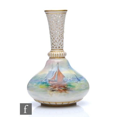 31 - An early 20th Century Worcester vase of globe and shaft form decorated to the body with a hand paint... 