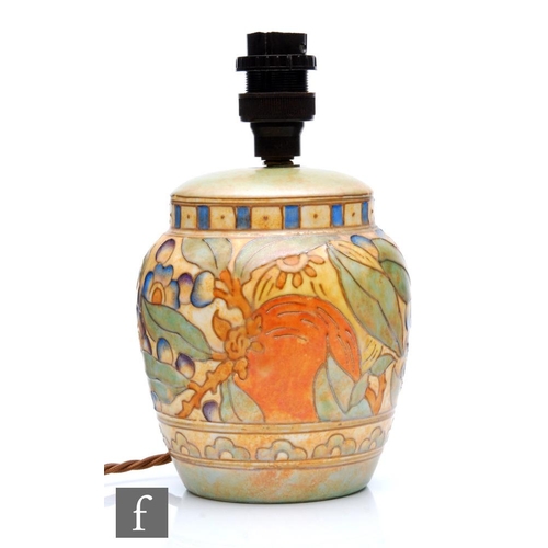 33 - A 1930s Charlotte Rhead for Bursley Ware lamp base decorated in the TL5 pattern with tubed citrus fr... 