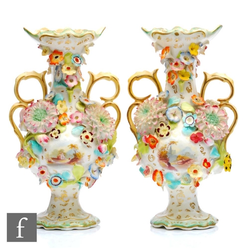 42 - A pair of 19th Century vases in the manner of Coalport Coalbrookdale, both with small hand painted c... 