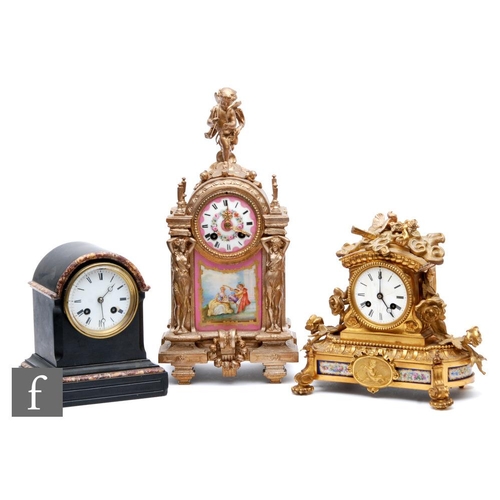 471 - A 19th Century French gilt metal and painted pink porcelain mantle clock decorated with serenading l... 