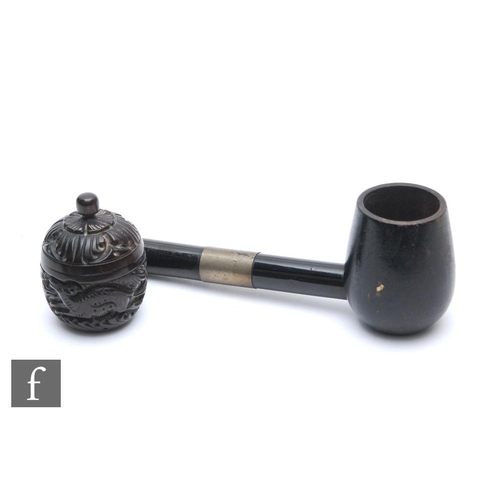 489 - An early 20th Century ebonised banded smoker's pipe with detachable bowl concealing a bone ink pen a... 