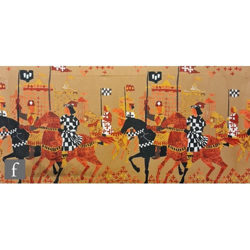 503 - A Tibor Reich fabric panel depicting medieval riders with their flags and standards, named to the ed... 