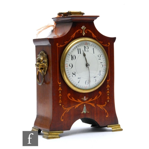 508 - An Edwardian marquetry and mother of pearl inlaid mahogany mantle clock, height 21.5cm.