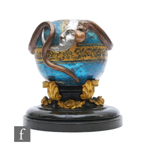 513 - An early 20th Century Freemasons carved wood sphere applied with a moon and a snake holding an apple... 