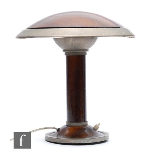 518 - A 1920s/30s table lamp, with brown painted metal column and domed mushroom shade, height 37cm.