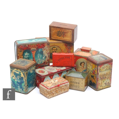 528 - A Queen's doll house money box, various tins for Mazawattee tea etc, also a wooden missionary  colle... 