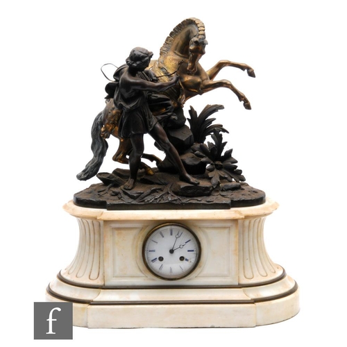 546 - A 19th Century French spelter mantle clock modelled as a prancing horse being reined in by a classic... 