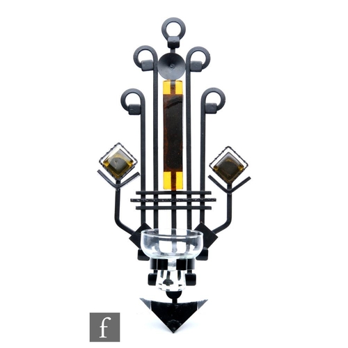 562 - A post war Dantoft Kunstartikler wrought iron wall sconce, with diamond and rectangular glass decora... 