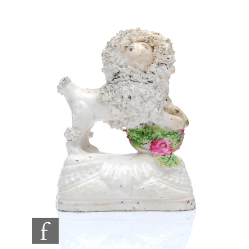 58 - A small 19th Century Staffordshire model of a dog stood upon a floral basket with encrusted hair, ta... 